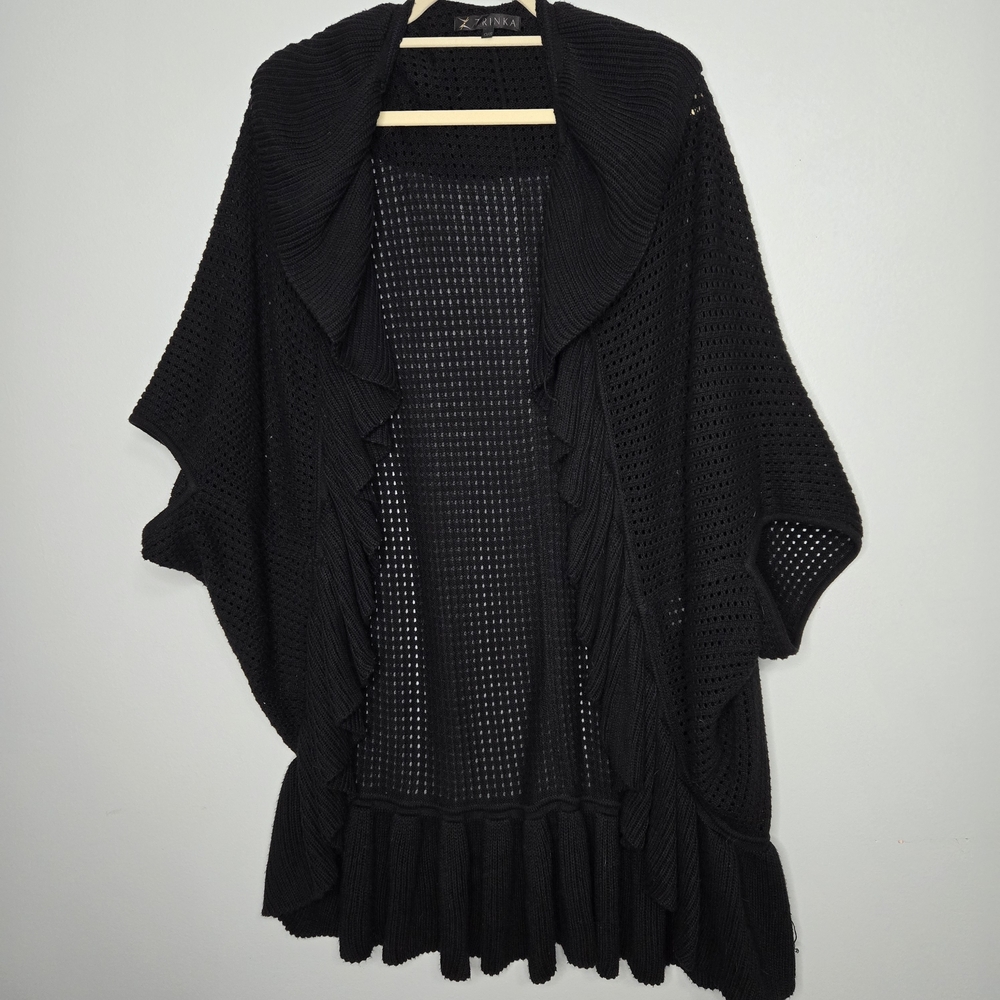 Zrinka Black Knit Ruffled Cardigan Shawl O/S